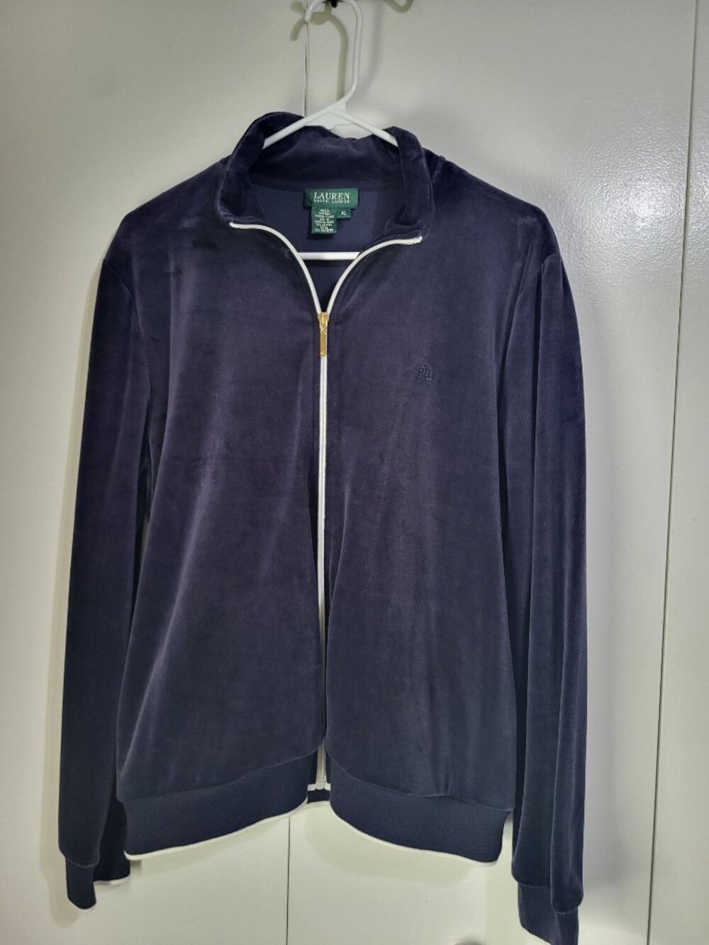 Lauren Ralph Lauren Women's XL VTG Navy Blue Velour Zip Up Track Jacket - Picture 2 of 8